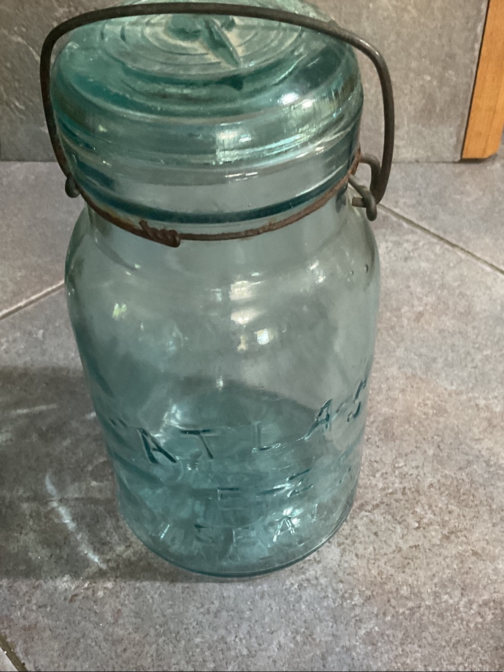 Vintage Blue Glass Storage Jar with Wire Bail Lid